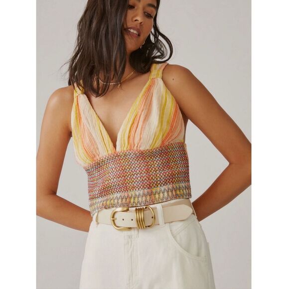 Anthropologie Tops - Anthropologie Large Striped Smocked Tank Crop Top Multicolor Boho Cotton V-Neck